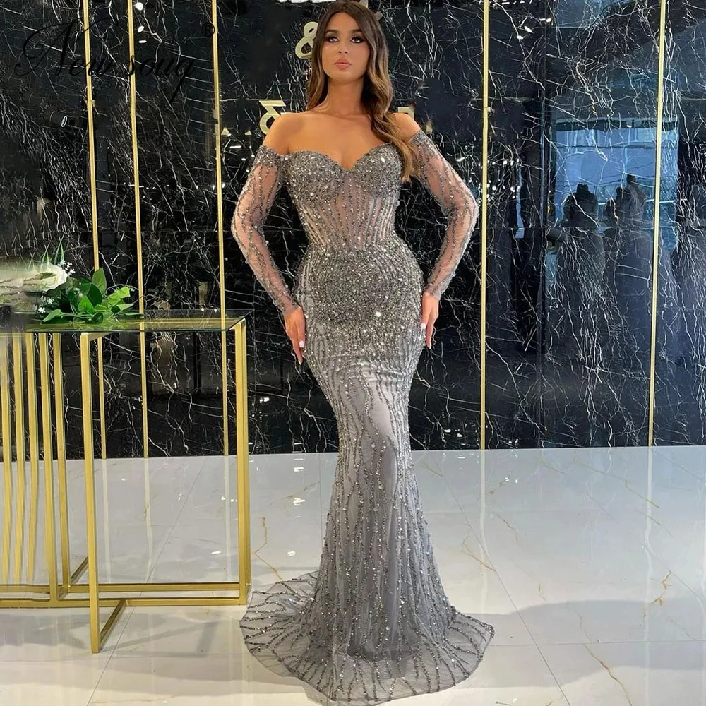

Haute Coutures Arabic Grey Mermaid Evening Dresses Luxury Beaded Off Shoulder Party Dress Dubai Women Prom Dress For Weddings