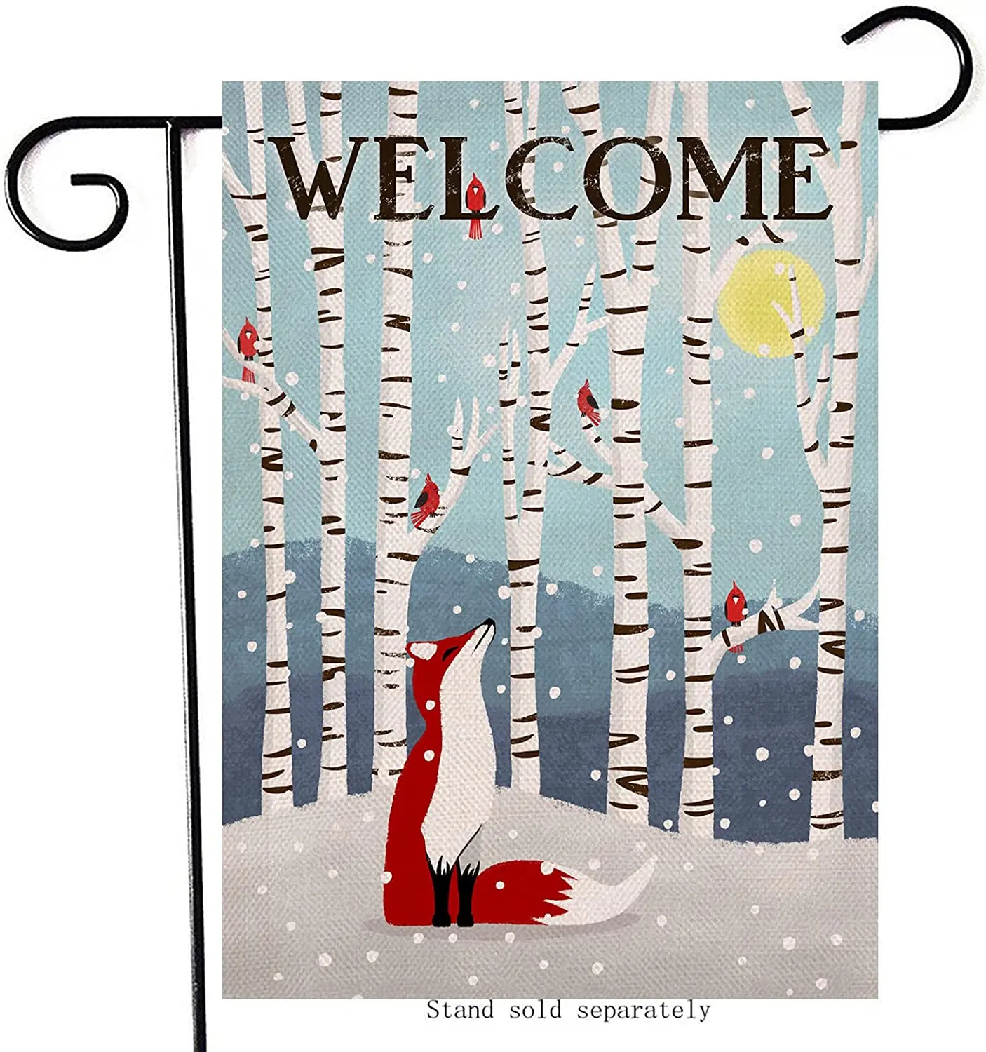 

Welcome Winter Fox Cardinal Home Decorative Garden Flag Red Birds White Birch Trees House Yard Moon Snowy Outside Decor