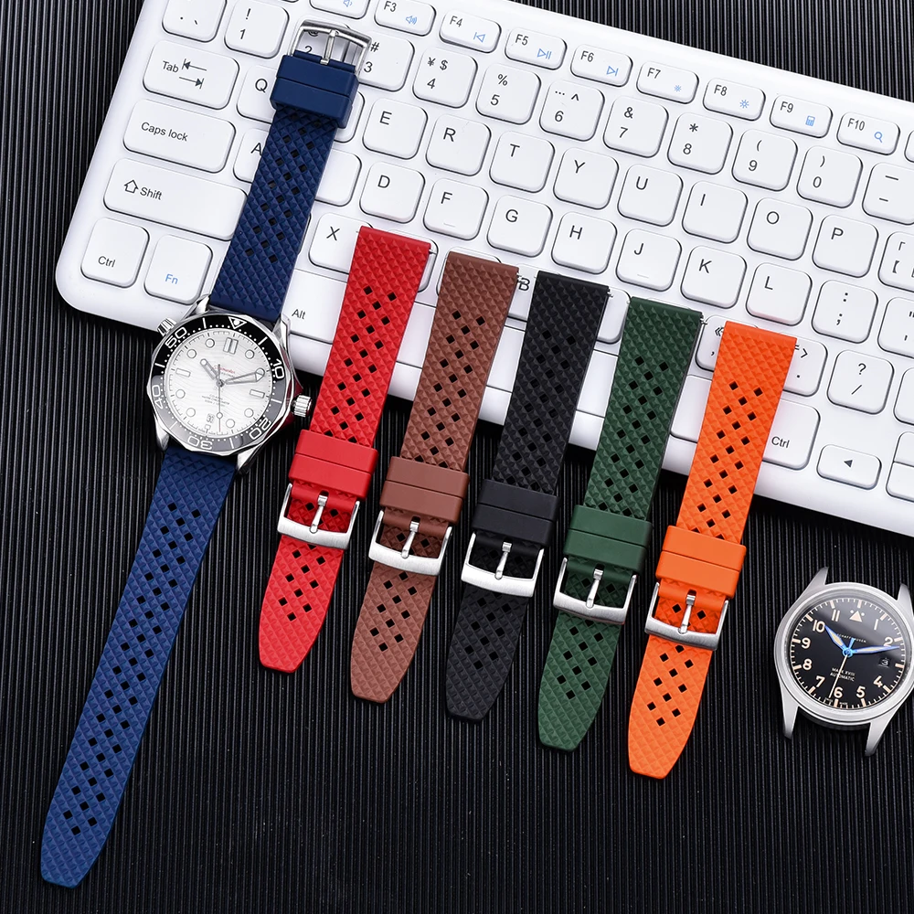 Breathable Fluoro Rubber Straps 18mm 20mm 22mm Dustproof Quick Release FKM Watch Bands For Men's Diving Watches Accessories