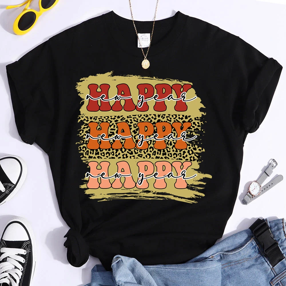 

Happy New Year Graphic T Shirts Women Tshrits Spring Summer Funny Casual Korean Tshirt Ladies Hello 2023 Tee Leopard Print Top