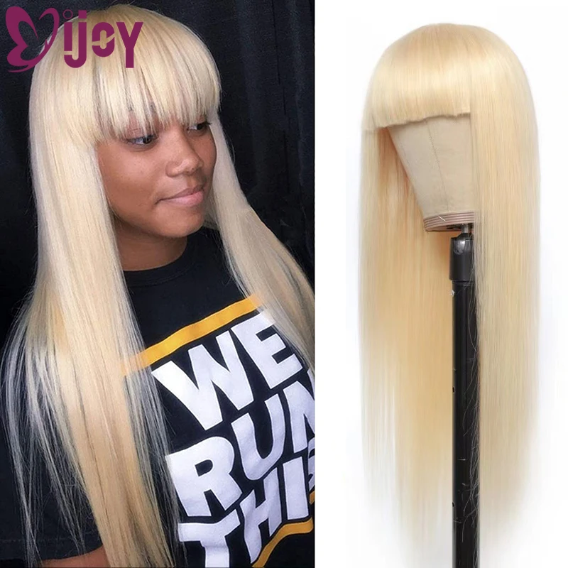 IJOY 613 Blonde Brazilian Straight Human Hair Wigs With Bangs Remy Full Machine Made Wig For Women Brazilian Human Hair Wig