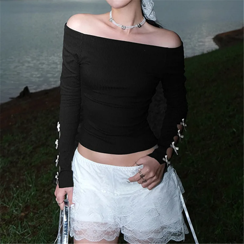 Goth Dark Cyber Y2K Techwear Acubi Fashion Bow Футболка с вырезами на рукавах Сексуальные тонкие топы