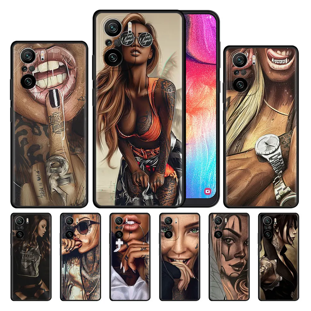 

Cool Tattoo Girl Case for Xiaomi Redmi 9S 9 8 10 11 Pro K40 9C 7 9A 8T 9T 7A 8A Black Silicone Phone Coque Soft Cover