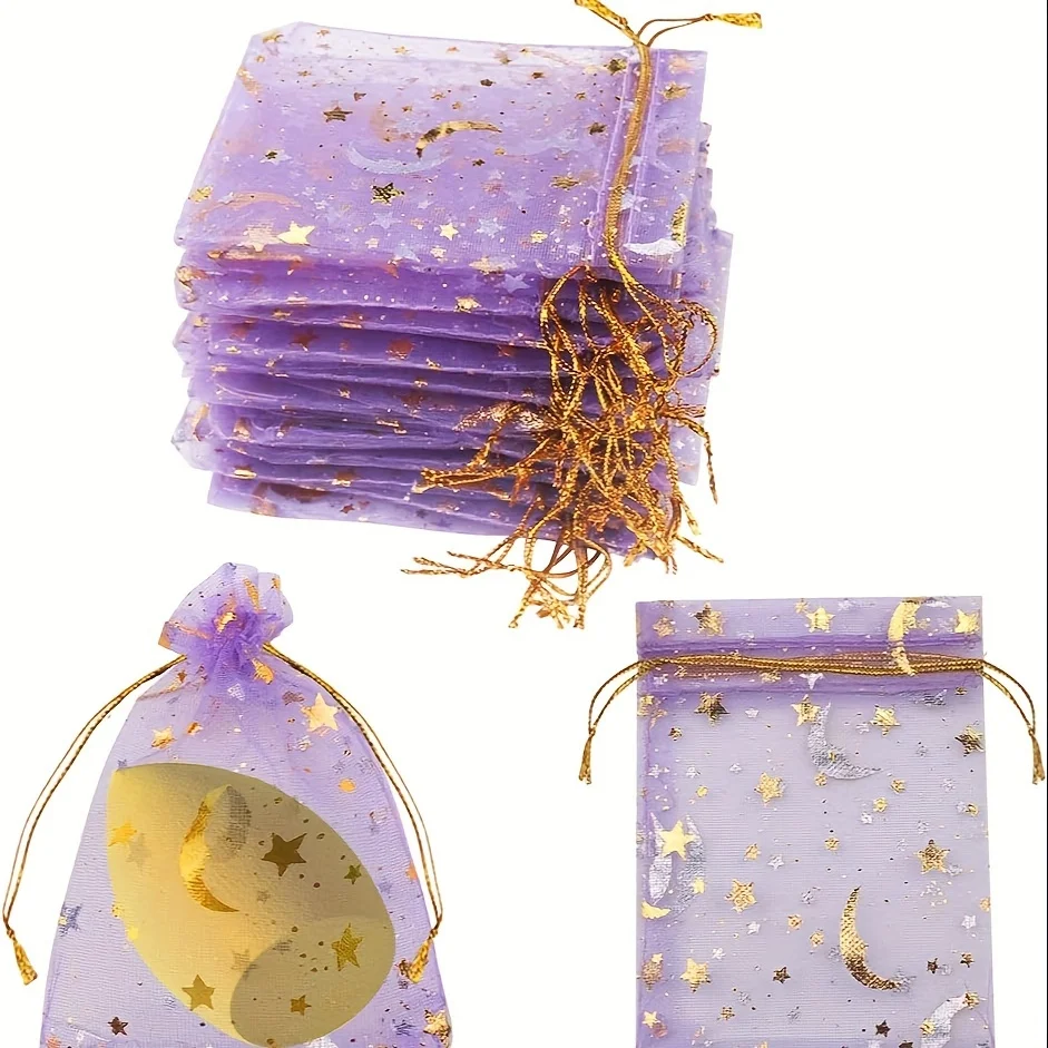 

50 шт., подарочные пакеты из органзы с лунными звездами на шнурке для вечеринок, ювелирных изделий, макияжа, конфет, идеально подходят для Ид аль-фитри на свадьбу, день рождения