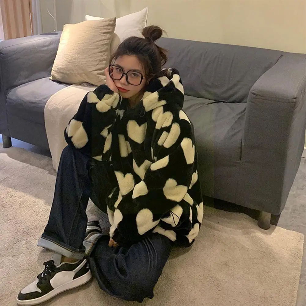 

Winter Women Hooded Plush Coat New Love Plush Plush Large Size Female Warm Plus Size Thick Loose Coats O8x4