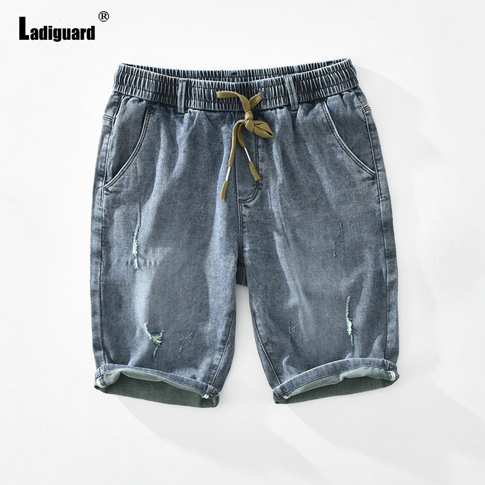 Ladiguard Plus size Men Latest Demin Shorts 2022 Summer New Sexy Lace-up Shorts Male Fashion Ripped Demin Short Pants Blue Gray