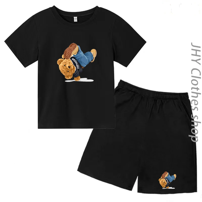

Sports Bear Handstand SUV Printed T-shirt Kids Short Sleeve Shorts Baby Kawaii Clothing Boys Girls Summer Charming Casual Suit