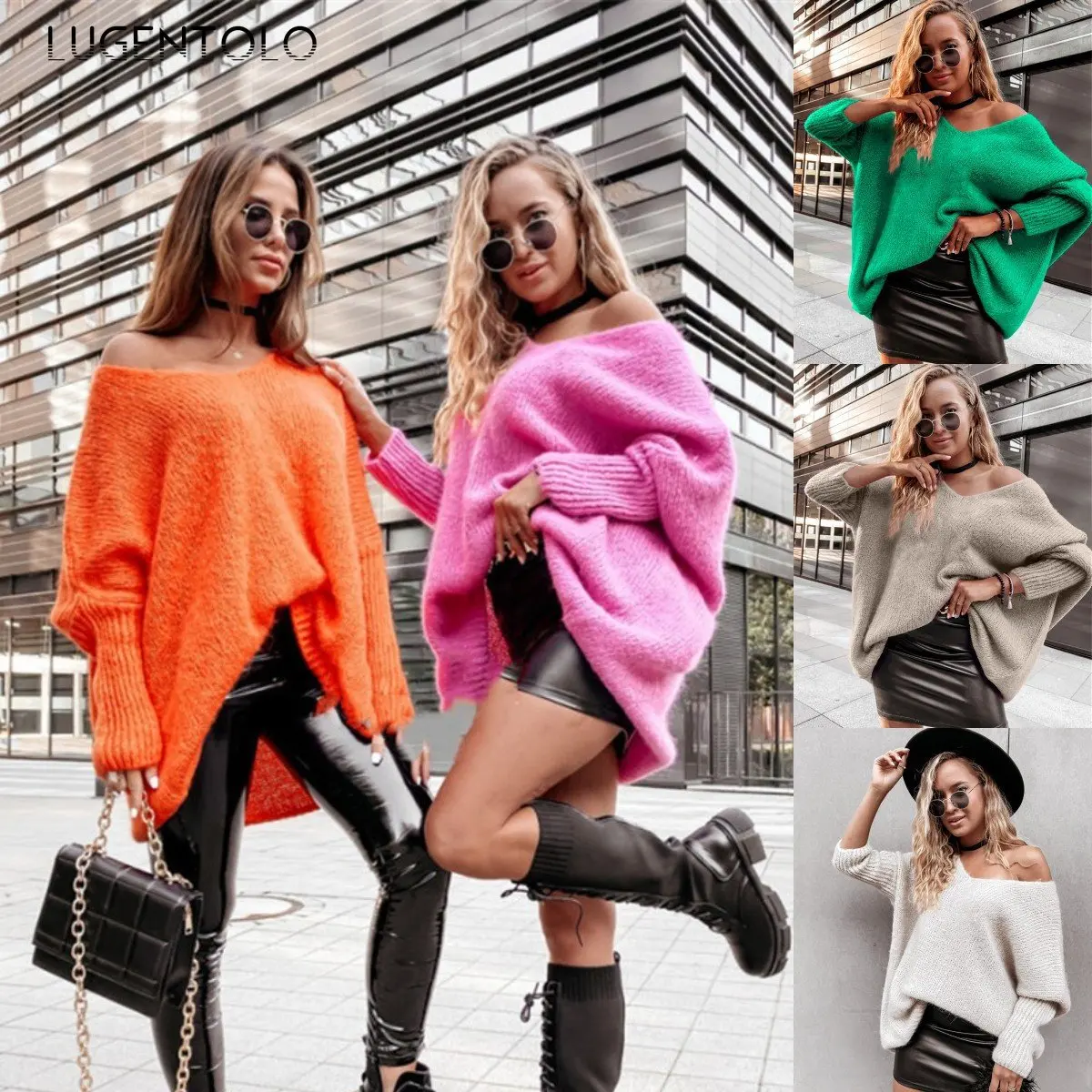 

Women Loose Bat Shirt Sweaters Candy Color V-neck Off-shoulder Knitwear Female Pullover Autumn Winter Casual Sweater