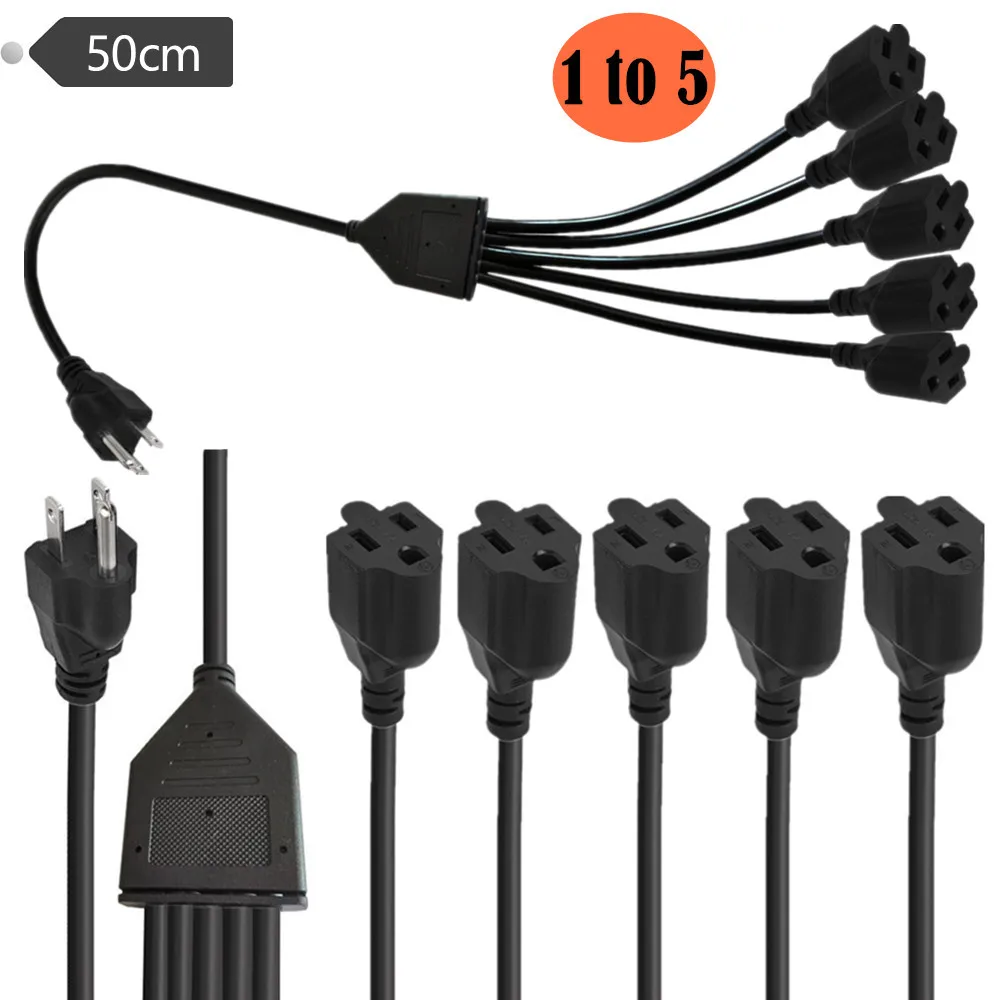 

5 Way Power Cord Splitter 3 Prong 1 to 5 Outlet Power Cable Strip-Outlet Saver Male to Female Power Extension Cable 0.5m