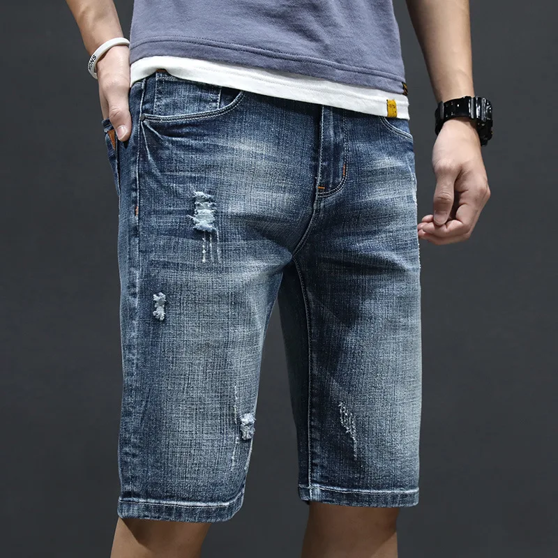 

Summer Loose Stretch Denim Men'S Shorts Trend Broken Casual Five-Point Pants Large Size In Straight Leg Breeches Men Clothes New