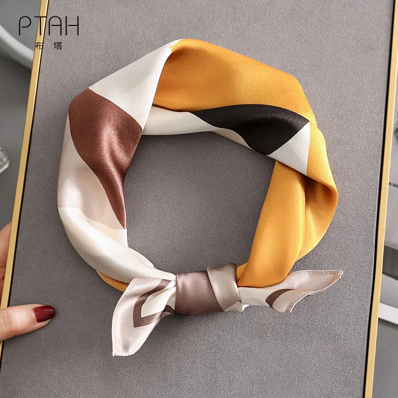 

[PTAH] 14M/M Scarf 100% Mulberry Silk Scarves Women Temperament Scarves Printed Small Square Scarves Ladies High Quality 53*53cm