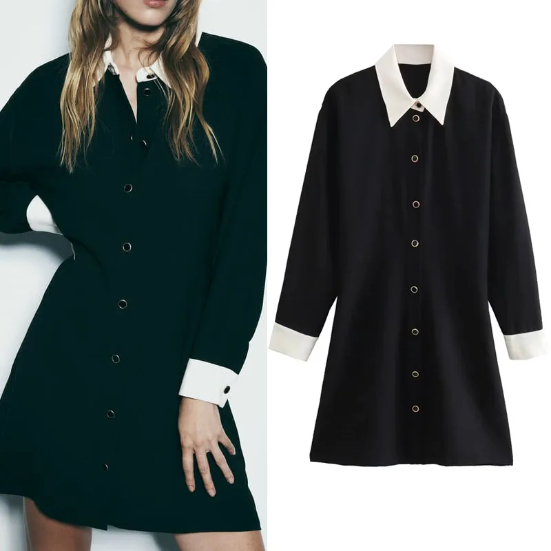 

TRAF Korean Style Collar Mini ShirtDress For Woman Autumn Long Sleeves Fitted Shirtdresses Front Button Up Splice Short Vestidos