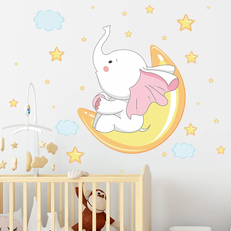 

Cute cartoon white elephant moon star goodnight children's room kindergarten home PVC wall decoration waterproof wall stickers