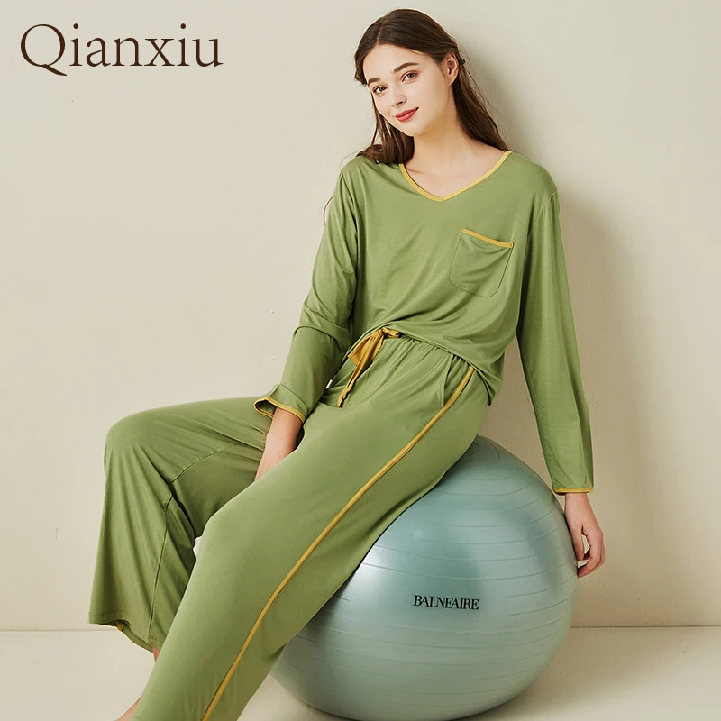 2022Women's Winter Autumn Underwear Bamboo Fiber Pajamas Set  V-neck Robe Set Sexy Tops Pants Home Clothes Long Sleeve Nightgown