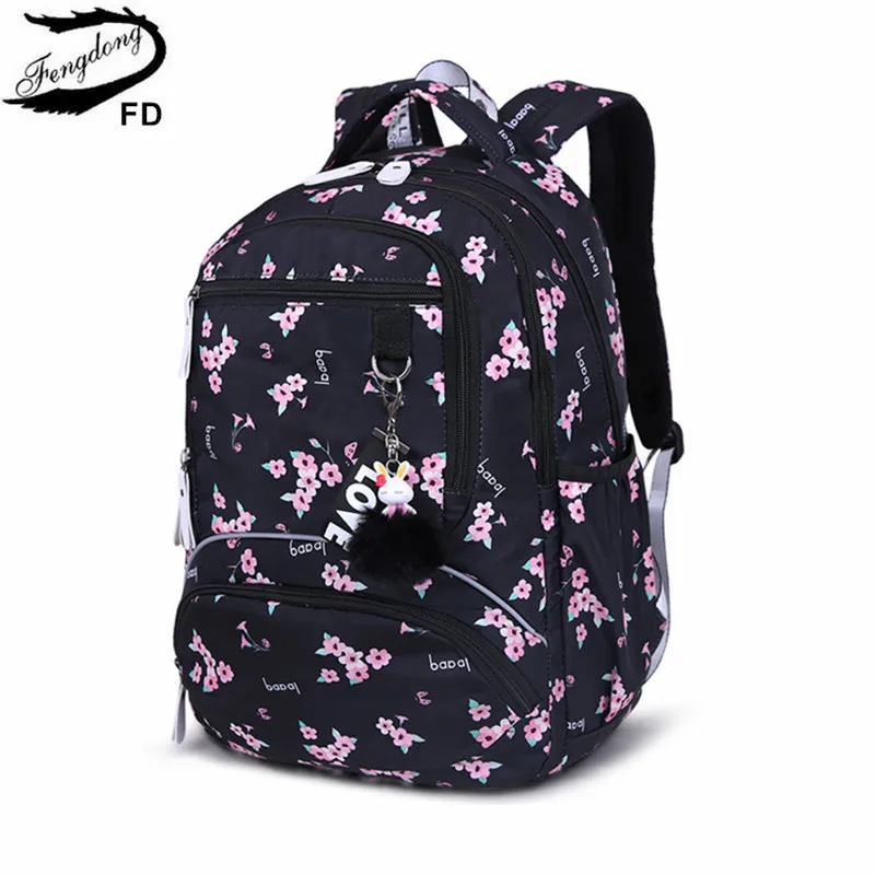 

Fengdong Cherry blossoms school backpack for women black pink floral book bag fashion school bags for girls cute flower bookbag