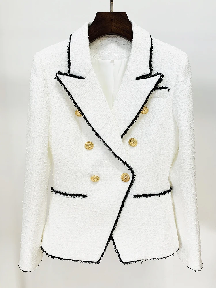

HIGH STREET Newest Fashion 2023 Designer Jacket Women's Slim Fitting Lion Buttons Contrast Color Fringed Tweed Blazer