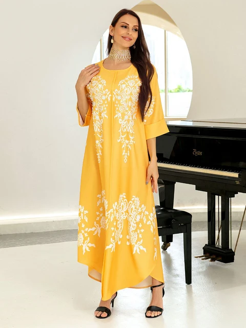 

Abayas For Women Fashionable Beading Half Sleeve Floral Printed Party Dress Moroccan Kaftan Robe Dresses For Women 2022