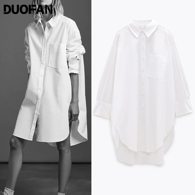 

DUOFAN White Oversize Shirt Women Button Up Long Blouses Female Collared Summer Blouse Shirts Big Size Ladies Tops