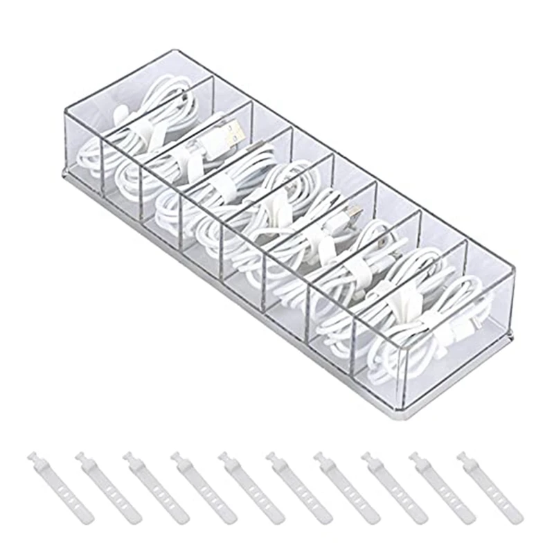 

RISE-2Pcs Plastic Cable Management Box 8 Compartments With 20 Cable Ties Transparent Power Cord Storage Box For Office