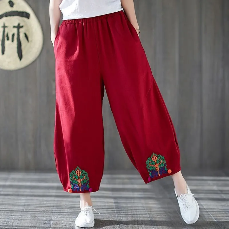 

Ladies Loose Waist Knickerbockers Casual Nine-Minute Pants Fashion Wide Leg Pants New Ethnic Style Women's Pants Embroidery 4XL