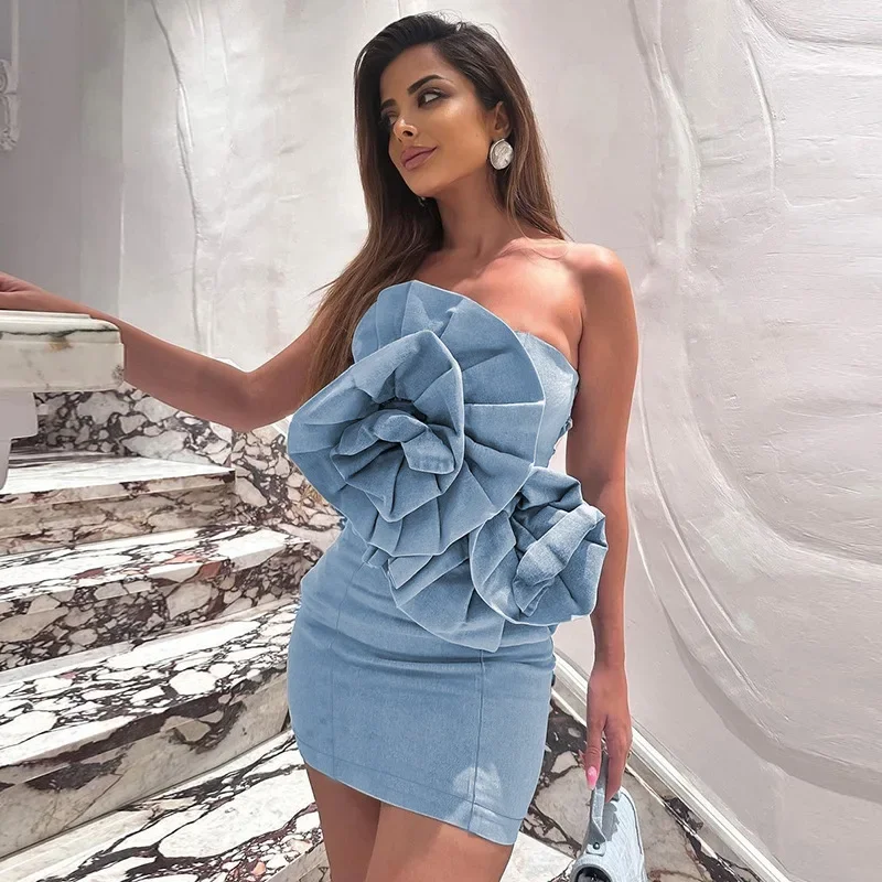 

Blue Strapless Mini Dress for Women Fashion Flower Bodycon Short Dresses Winter Sexy Backless Bandage Christmas Party Dress 2023