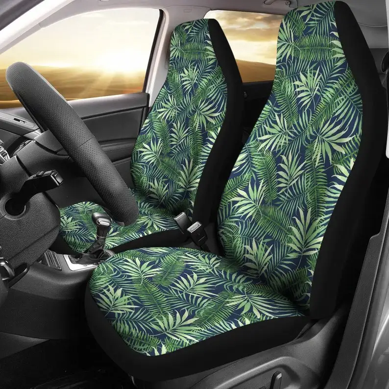 

Green Tropical Ferns and Leaves on Navy Blue Background Car Seat Covers Hawaiian Island Pattern Universal Fit Set Bucket Seats C