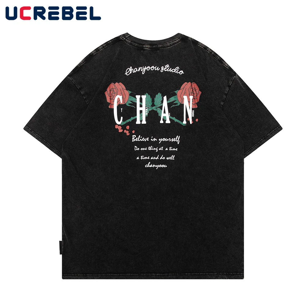 

Футболка мужская с принтом роз, хлопковая уличная одежда с коротким рукавом и круглым вырезом, Свободный Топ с открытыми плечами, в стиле Ха...