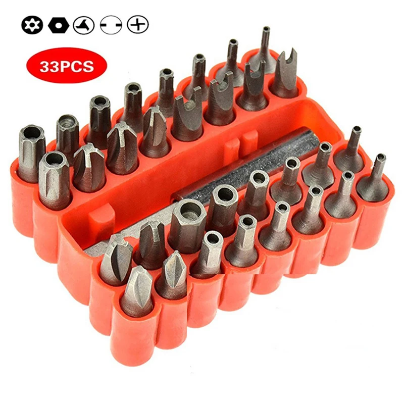 

33Pcs Screwdriver Tamper Proof Security Bits Set with Magnetic Extension Bit Holder Torx Hex Five Star Spanner Tools Accessories