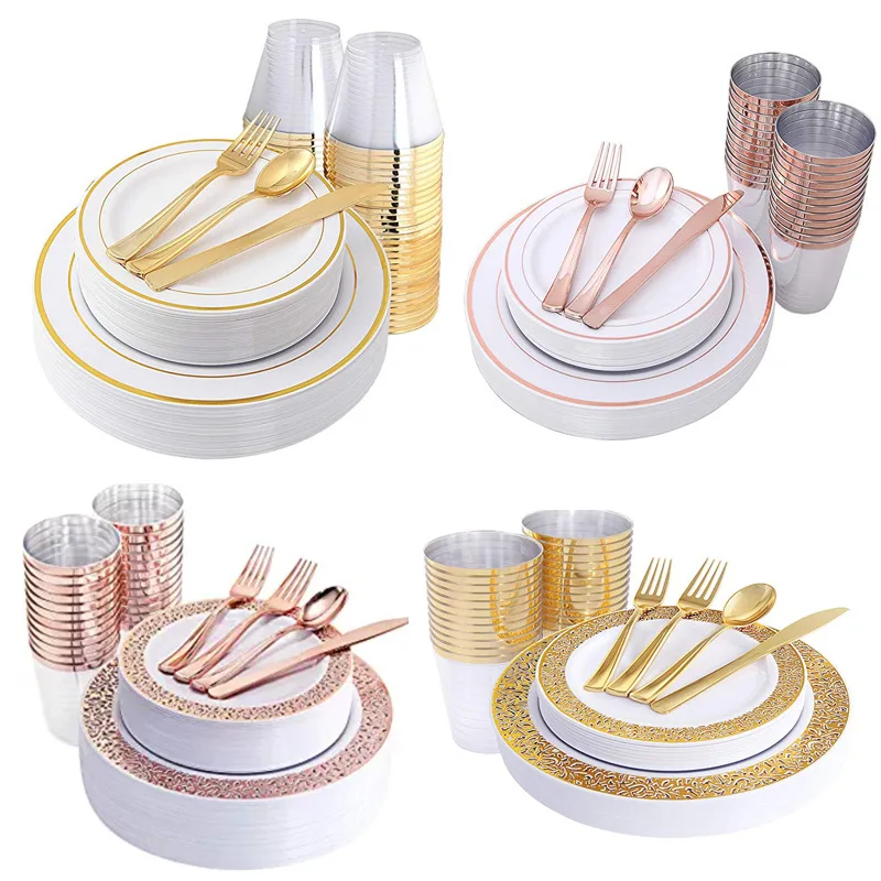

10 person Disposable Plates Party Tableware PVC Plastic Plates Gold Cup Knifes Fork Spoon Party Wedding Restaurant Supplies