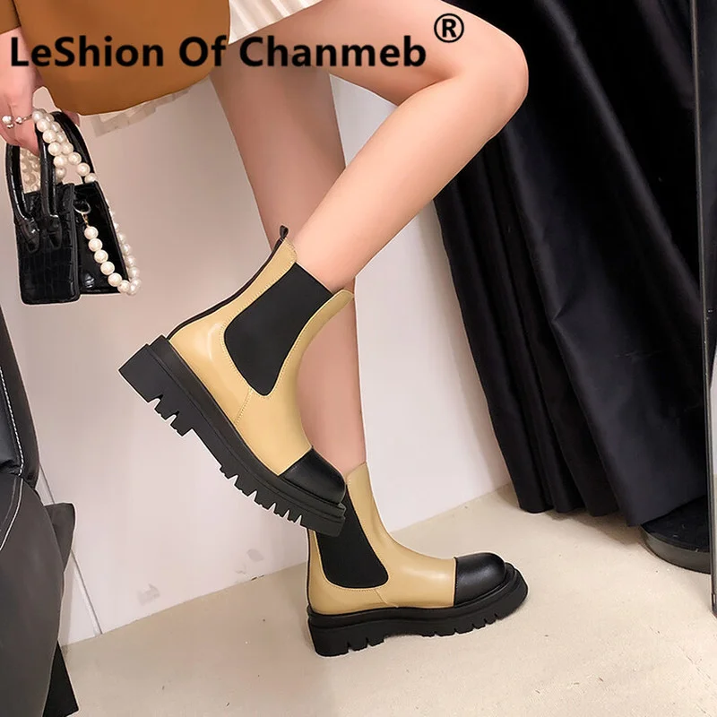 

LeShion Of Chanmeb Women Brand Designer Mix-color Chelsea Boots Chunky Medium Heel Platform Martins Boots Round Toe Autumn Botas