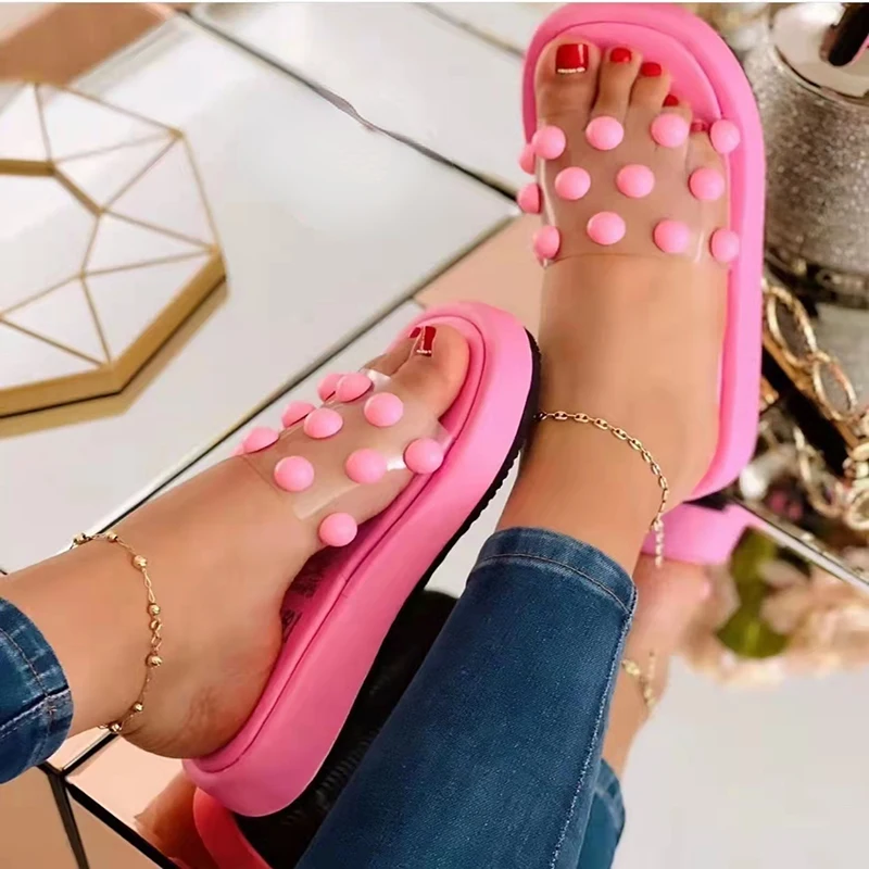 

Summer Pearl Platform Slippers Women 2022 Open Toe Polka Dot Non-slip Beach Shoes Woman Clear Pvc Thick Bottom Slides