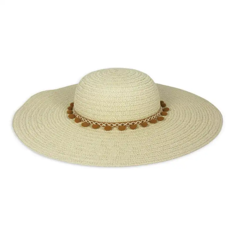 

Women`s Straw Sun Hat with Color Contrast Pom Pom Trim