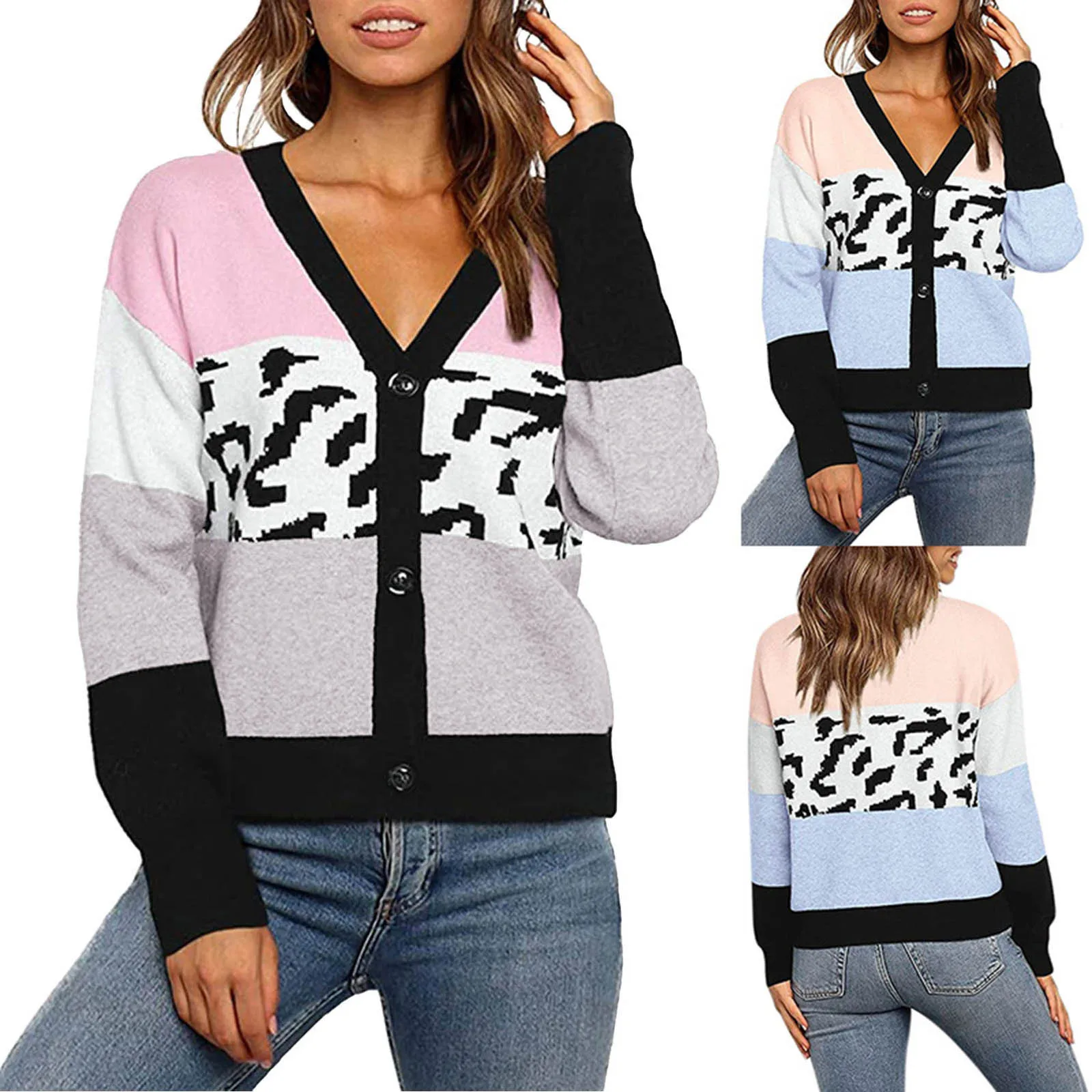 

Женский свитер с V-образным вырезом на пуговицах, модный свитер с цветными блоками и леопардовым принтом, Мужская пляжная одежда в европейском и американском стиле на пуговицах