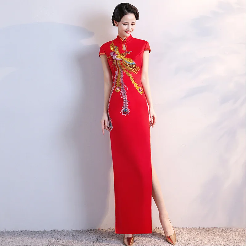 

Vintage Mandarin Collar Chinese Oriental Dress Sexy Bride Wedding Celebrity Gown Elegant Split Cheongsams Oriental Classic Qipao