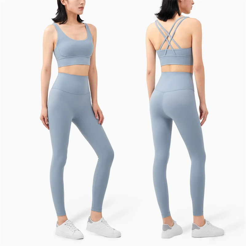 

Premium Luluwomen Yoga Set Sexy Cross Sports Bra Top Seamless High Waist Leggings Two Piece Running Gym Gym Training Sportswear