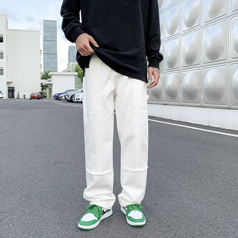 Spot2021New High Street Fashion Brand Dark Stitching Edging Loose Straight Hong Kong Style All-Matching Mop Draping Jeans