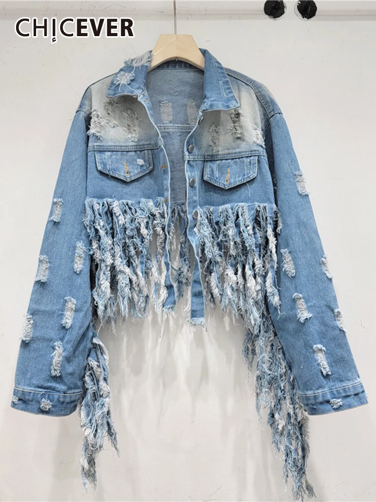 

CHICEVER Patchwork Tassel Denim Coat For Women Lapel Long Sleeve Sing Breasted Spliced Pockets Ripped Hit Color Coats Femal New