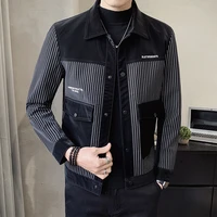 2022 spring classic striped mens jackets splicing leatherslim fit casual pu leather jacket streetwear social coat male clothing