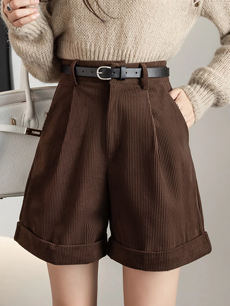 Осень-зима вельветовые шорты для женщин широкие с высокой талией повседневные