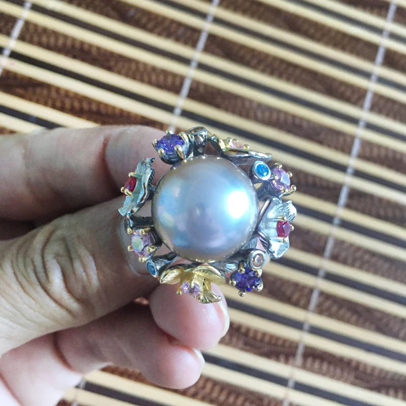 Женское кольцо из серебра 925 пробы с натуральным пресноводным барочным жемчугом