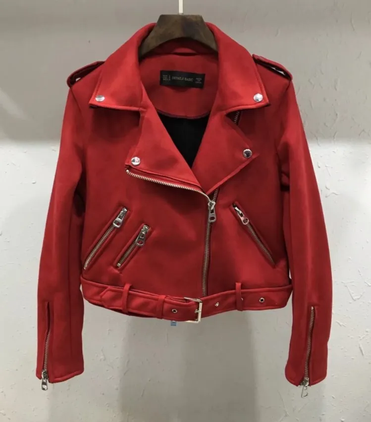 

Women Autumn Thick Fake Suede Eu Size Faux Leather Jackets Sash Lady Matte Motorcycle Coats Biker Zippers Street Outwear