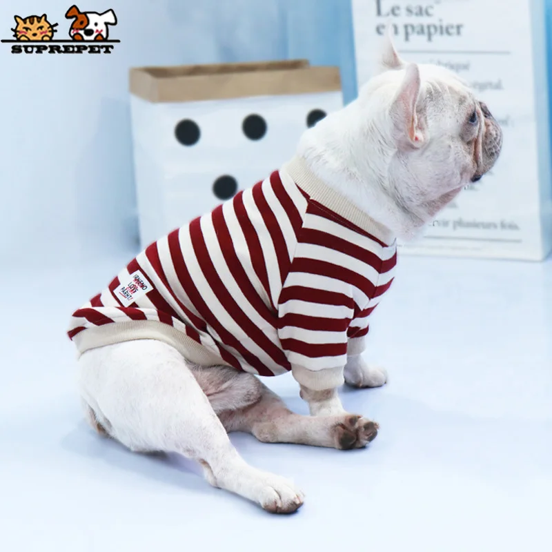 Фото SUPREPET одежда для щенков толстовки для французского бульдога хлопковые полосатые Кофты для щенков одежда для чихуахуа №4