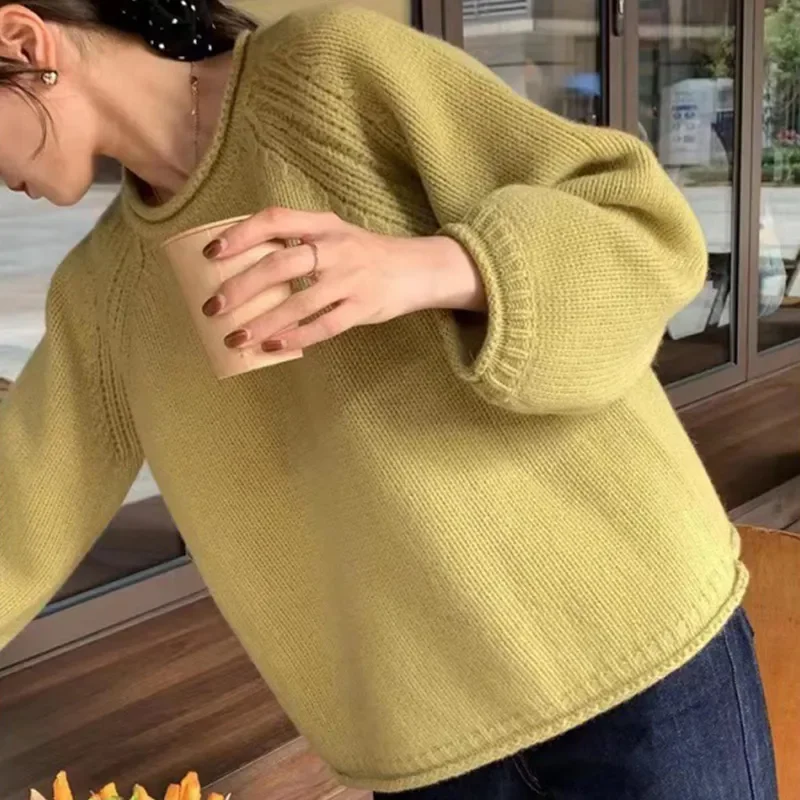 

6 Color Casual Solid Pullover Woman Sweater O-neck Short Puff Sleeve Top Autumn Winter Female Loose Long Sleeve Knitted Jumper