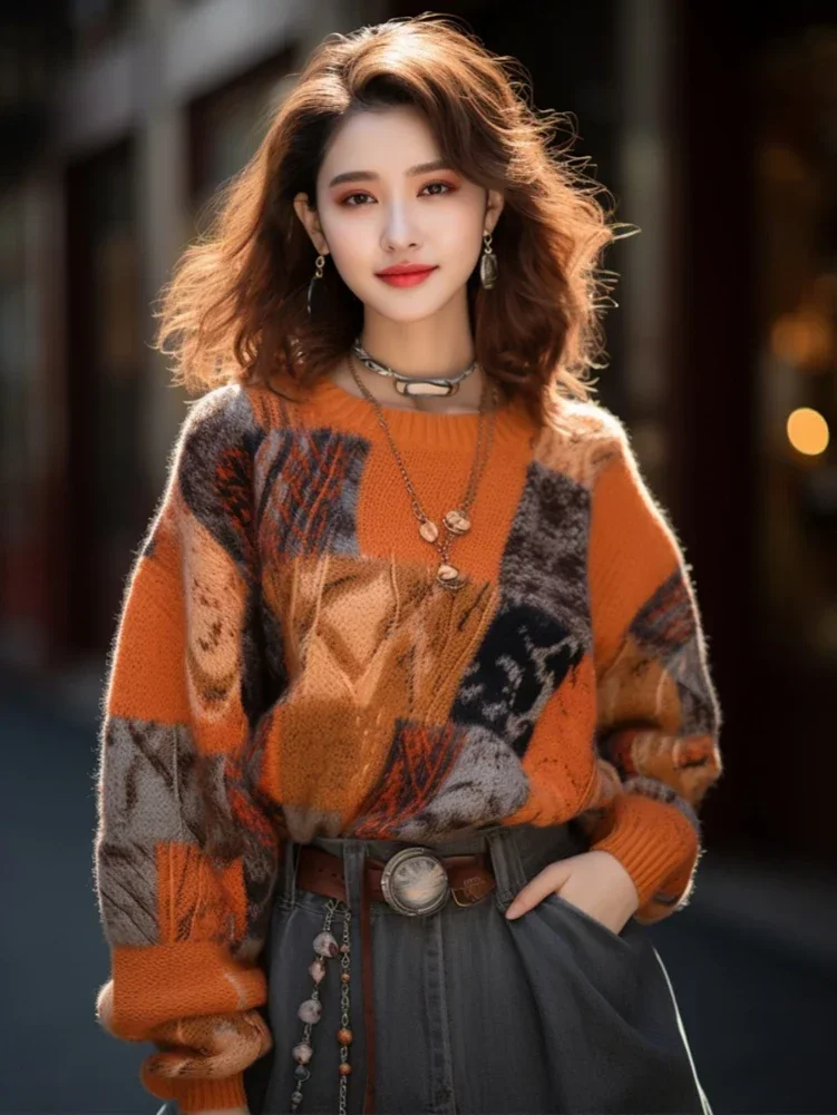 Французские винтажные пуловеры с длинными рукавами в клетку жаккардовый дизайн