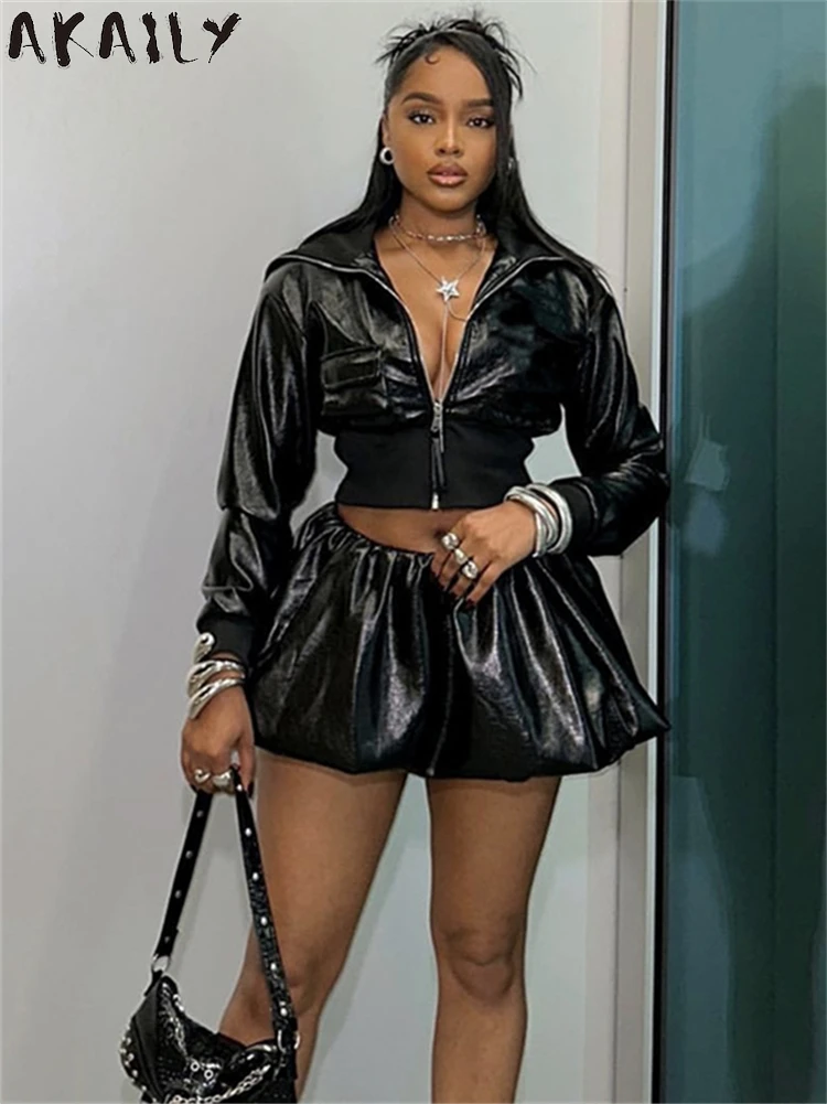 Akaily зимний женский комплект из двух предметов искусственной кожи уличная одежда