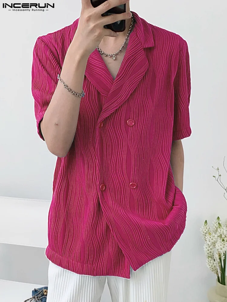 

2022 Men Casual Shirt 3D Striped Lapel Short Sleeve Streetwear Double Breasted Shirts Korean Fashion Men Clothing S-5XL INCERUN