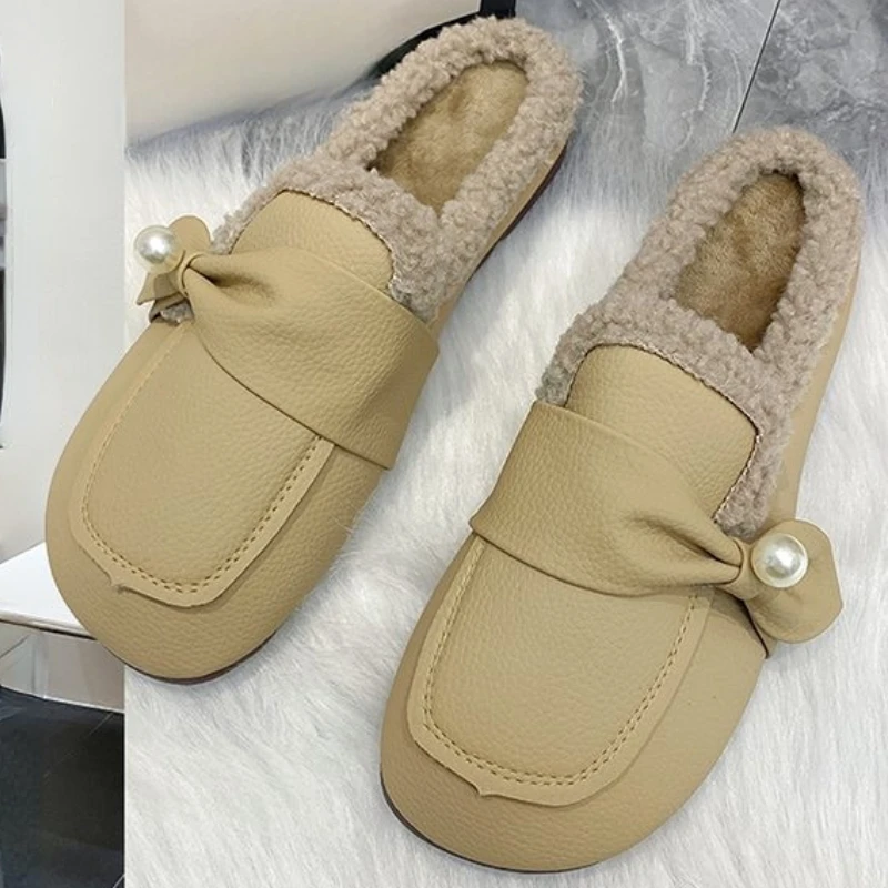 

Пуловер на плоской подошве, женские тапочки с низкой талией, уличная модная плюшевая термообувь с жемчугом на осень/зиму/весну 2023