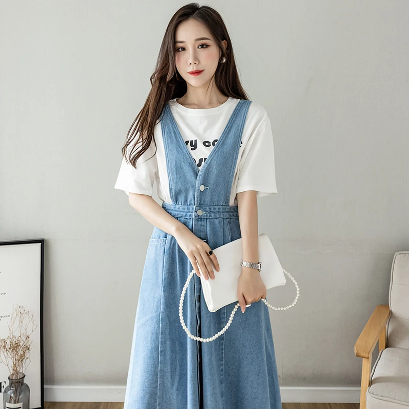 Women Sleeveless Casual Demin Spaghetti Strap Dress Spring Summer Long Jeans Dresses Korean Fashion Single Breasted Aline Dress