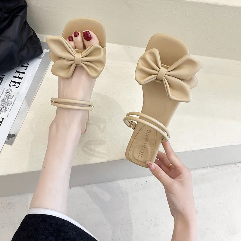 

Shoes Butterfly-Knot Slippers Heels Med Slides Slipers Women Square heel High 2022 Block Pumps PU Butterfly-knot Hoof Shoes Ladi