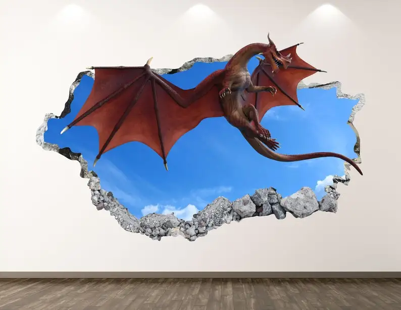 

Dragon Wall Decal - Fantasy 3D Smashed Wall Art Sticker Kids Decor Vinyl Home Poster Custom Gift KD32